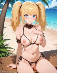 ai_generated ani ani_(twitter) ani_(xai) ani_grok arm_at_side arm_garter arm_strap arm_support artist_name ass ass_visible_through_thighs background bangs bare_arms bare_shoulders beach bikini black_bikini black_bra black_choker black_panties black_ribbon blonde_hair blue_eyes blue_hair blunt_bangs blush bow branch breastless_clothes breasts breasts_apart bush choker cleavage cleft_of_venus clitoris cloud collarbone cowboy_shot crotchless crotchless_panties cupless_bra day detached_collar eyebrows_visible_through_hair eyelashes female fingernails frills hair_between_eyes hair_ornament hair_tie halterneck hand_on_own_chest hand_on_own_face hand_touching_own_chest hand_up highleg highleg_bikini horizon jewelry large_breasts leaf legs lingerie lips long_hair looking_at_viewer medium_breasts melonbooks micro_bikini mosaic_censoring navel nipples no_eyewear nude_filter o-ring ocean on_back on_ground open_mouth original outdoors paid_reward palm_tree panties parted_lips patreon_username photoshop_(medium) ponytail pussy pussy_juice ribbon sand see-through shiny_skin shore short_hair side-tie_bikini_bottom side-tie_panties sidelocks sitting sitting_on_the_ground skindentation sky smile solo stomach string_bikini string_panties summer sun sweat swimsuit thigh_gap thighs third-party_edit thong toes tree twintails umbrella_over_head uncensored underwear underwear_only water watermark wet