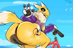 ambiguous_gender anthro arm_warmers armwear ass bandai_namco bicycle big_butt black_sclera blep blue_eyes blue_sky bodily_fluids bottom_heavy clothing crop_top digimon digimon_(species) double_tomoe fur hi_res huge_butt looking_at_viewer looking_back looking_back_at_viewer neck_tuft renamon riding_bike shirt sky solo sweat sweaty_butt thick_thighs tomoe_(symbol) tongue tongue_out topwear tuft uromatsu vehicle yellow_body yellow_fur