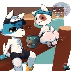 2024 anthro arm_support ass balls beady_eyes beanie_only big_butt black_eyes boots border bottomwear bucket bulge canid canine canis clothed clothing container dialogue domestic_dog duo ellipsis english_text footwear fur genitals gloves_(marking) hat headgear headwear hi_res kneeling leaning leaning_backward leg_markings male male_anthro male_focus mammal markings pier plantigrade ripples shaking_butt shoes shorts sitting socks_(marking) speech_bubble talking_to_another tasma text water webfishing white_body white_border white_fur