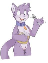 anthro breasts collar collar_only cutlery dessert domestic_cat felid feline felis female food fur genitals grape_jelly_(housepets!) hi_res holding_spoon housepets! ice_cream kitchen_utensils mammal nipples nude open_mouth purple_body purple_fur pussy solo spoon taro_bubbletea tools vulva