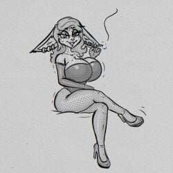 anthro big_breasts bimbo bodysuit breasts cigarette clothing female fishnet_clothing fishnet_legwear footwear hi_res high_heels huge_breasts jenny_(disambiguation) legwear mature_anthro mature_female shoes skinsuit smoking smoking_cigarette tight_clothing widdlywham