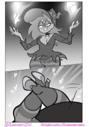 2025 2koma boots chickpea crossed_legs dark-skinned_female digital_drawing_(artwork) enid female grey_background grey_theme greyscale hearts instant_loss_2koma monochrome ok_k.o.!_let's_be_heroes pointy_hat simple_background smile standing witch witch_hat