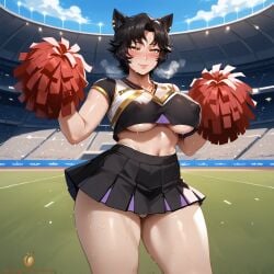 ai_generated black_hair cameltoe cat_ears catgirl cheering cheerleader cheerleader_outfit cheerleader_uniform crop_top faunus female_only kali_belladonna loving_gaze milf nipple_bulge nipple_outline no_bra older_female panties pom_poms public rwby sexy_clothing short_hair skirt solo solo_focus standing sweat sweating tagme twistedpeach underboob