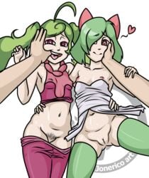 2girls ambiguous_gender breasts finger_in_mouth green_hair heart-shaped_pupils human kirlia multiple_girls personification pokemon pokemon_(species) pokemon_rse pokemon_sm pubic_hair pussy short_hair small_breasts steenee straight text twintails