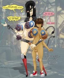 1boy 1girls 2024 4_breasts alternate_version_available areolar_amelanism areolar_melanosis artist_name big_nipples black_fingernails black_hair bluesky_link bracelet breasts bridge_piercing brown_hair busty_boy collar_belt conversation cow_horns cow_tail cybernetic_leg cybernetic_limb cybernetics cyborg dated dialogue dylan_(shewantsthejoystick) earrings emanata english english_dialogue english_text female flame_tattoo footwear_only freckles functionally_nude functionally_nude_female furaffinity_link game_background goth goth_girl grabbing_penis hair_over_eyes hand_on_penis holding_object huge_areolae huge_breasts leather_jacket long_penis male male_symbol male_with_breasts milestone_celebration milking_machine multi_breast navel navel_piercing navel_ring newgrounds_link nipple_chain nipple_piercing nipple_rings nipples nose_chain nude open_smile painted_breasts pale-skinned_female pale_skin penis penis_piercing piercing ponytail popped_navel sagging_breasts shewantsthejoystick shoes shoulder_spikes skull_hair_ornament sleeve_tattoo speech_bubble spiked_bracelet standing studded_belt tanned_male tanned_skin tenebrae_(shewantsthejoystick) thick_thighs tongue_out writing_on_body yellow_eyes