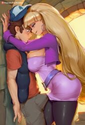 against_wall ai_generated ass belt blonde_female blonde_hair blonde_hair blush blush blush_lines clothed dipper_pines dominant_female ear_piercing earrings erection erection_under_clothes femdom gravity_falls hallway hat large_ass large_breasts makeup massive_breasts pacifica_northwest pacificwhip pantyhose patreon patreon_link patreon_logo patreon_reward patreon_username pinned_to_wall tagme