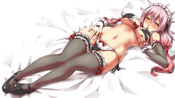 blush bow_bra bow_legwear bow_panties bra breast_grab breasts bridal_gauntlets cameltoe cleavage female frilled_legwear guilty_crown hair_between_eyes long_hair long_legs low_twintails lowleg lowleg_panties lying maid nail_polish navel on_back open_mouth packge panties pillow pink_eyes pink_hair side-tie_panties solo thighhighs twintails underwear wide_hips yuzuriha_inori