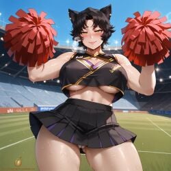 ai_generated black_hair cameltoe cat_ears catgirl cheering cheerleader cheerleader_outfit cheerleader_uniform crop_top faunus female_only kali_belladonna loving_gaze milf nipple_bulge nipple_outline no_bra older_female panties pom_poms public rwby sexy_clothing short_hair skirt solo solo_focus standing sweat sweating tagme twistedpeach underboob