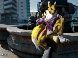 3_toes 3d_background absurd_res bandai_namco blue_eyes breasts canid canine clothing dark_sclera digimon digimon_(species) digitigrade drqube exhibitionism exposed_breasts exposed_vagina feet female fountain fox fur fur_markings hi_res looking_at_viewer markings nipples one-piece_swimsuit one_eye_closed pawpads paws pink_genitals pink_nipples pussy renamon smile smirk solo solo_focus solo_in_panel swimwear tearing_clothing tearing_own_clothing toes topwear torn_clothing torn_topwear urban_background white_body white_fur wink winking_at_viewer yellow_body yellow_fur
