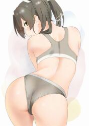 all_fours ass ass_focus back bra female green_hair grey_bra grey_panties grey_sports_bra kantai_collection long_hair panties sakiecho sitting sports_bra sportswear twintails underwear white_background yellow_eyes zuikaku_(kancolle)