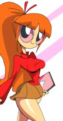 1girls aged_up big_breasts blossom_(powerpuff_girls) brown_skirt busty cartoon_network cleavage curvy detailed_background female female_only front_view holding_object hourglass_figure human hyper_eyes long_hair looking_at_viewer manic47 miniskirt notebook older orange_hair pink_eyes ponytail powerpuff_girls shiny shiny_skin skirt solo standing superheroine sweater tied_hair toonami voluptuous walking wide_hips