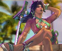 3d 3d_(artwork) 3d_model 3d_render background beach beach_background blurry_background butterfly_hair_ornament cleavage crossed_legs daytime female female female_only ingame_model marvel marvel_comics marvel_girl marvel_rivals psylocke psylocke_(breezy_butterfly) psylocke_(marvel_rivals) psylocke_(marvel_rivals)_(demon_days) purple_hair revealing revealing_clothes revealing_outfit revealing_swimsuit sandals sitting sitting_on_floor smile smiley_face smiling solo_female sunshine swimsuit sword toes