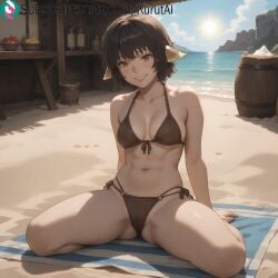 1girls abs ai_generated animal_ears artist_name artist_signature bare_shoulders barefoot bikini black_bikini black_hair breasts brown_eyes cameltoe collarbone dungeon_ni_deai_wo_motomeru_no_wa_machigatteiru_darou_ka food front-tie_bikini_top front-tie_top fruit grin halterneck hi_res high_resolution highres kurutai looking_at_viewer lulune_louie_(danmachi) medium_breasts navel outdoors short_hair side-tie_bikini_bottom sitting smile solo spread_legs string_bikini subscribestar subscribestar_username swimsuit towel uncensored
