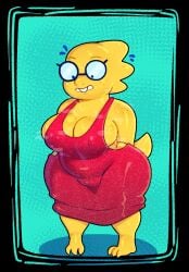 1girls 2d alphys anthro big_breasts breasts chubby cleavage female female_only glasses humanoid lizard lizard_girl lizard_humanoid reptile reptile_humanoid scrubforfun simple_background solo somescrub tagme toby_fox undertale undertale_(series) yellow_body yellow_skin