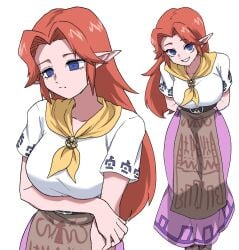 1girls arms_behind_back big_breasts blue_eyes bowser_brooch breasts dress elf_ears farmgirl female holding_arm ilo_a5 leaning_forward light_skin long_hair looking_at_viewer malon nintendo ocarina_of_time pointy_ears red_hair smile solo the_legend_of_zelda triforce wide_hips