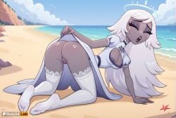 1girls ai_generated all_fours anus artist_name ass beach blue_sky breasts cleavage_cutout closed_eyes clothes_lift clothing_cutout cloud colored_skin dark-skinned_female dark_skin day dress dress_lift emily_(hazbin_hotel) feet full_body halo hazbin_hotel hi_res lifted_by_self long_hair makeup medium_breasts nipples no_panties no_shoes ocean open_mouth outdoors puffy_sleeves pussy rule34lab sand shiny_skin short_sleeves sky soles solo starfish teeth thighhighs toes twitter_logo uncensored upper_teeth_only very_long_hair white_dress white_hair white_thighhighs