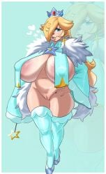 big_breasts bimbo blonde_hair blue_eyes blue_nails breasts covered_nipples female female_only full_body hair_over_one_eye long_sleeves makeup mario_(series) nintendo null_abyss princess_rosalina standing stomach super_mario_galaxy thick_thighs wand