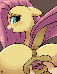 2014 3d absurd_res anus ass blush disembodied_hand dock duo equine female feral fluttershy_(mlp) friendship_is_magic hair hi_res horse kinkypinkie long_hair looking_back mammal my_little_pony open_mouth pink_hair pony solo_focus spread_anus spreading sweat