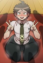 ai_generated blackwhiplash_(style) blush bukkake bulge bulge_through_clothing cock danganronpa danganronpa_2:_goodbye_despair hinata_hajime implied_sex male male_focus male_only multiple_penises nervous nervous_smile novelai shadow shadows steam sweat thick_legs thick_thighs wide_hips