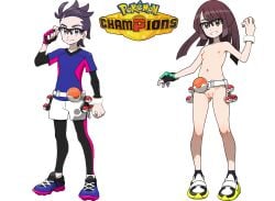1boy 1girls ai_generated becca_(pokemon) breasts edit female male nude_edit nude_female_clothed_male nude_filter official_artwork_edit pokemon pokemon_champions shoes_only small_breasts