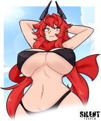 1girls ahoge arms_behind_head arms_up artist_logo artist_name belly belly_button bikini black_bikini female goddess_of_victory:_nikke horns navel outdoors red_hair red_hood_(nikke) red_scarf scarf sharp_tooth silenttandem sunlight swimsuit tummy yellow_eyes