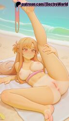 1girls 2025 ai_generated anus artist_name average_breasts barefoot beach blush breasts bust chest clitoral_hood clitoris electroworld exposed_anus exposed_nipples exposed_pussy feet female hi_res high_quality high_resolution highres juicy_pussy long_hair medium_breasts nipples nipples_outside normal_breasts ocean patreon patreon_username pussy sand soles solo stable_diffusion sword_art_online tan tanlines tight_anus tight_pussy vagina water watermark yuuki_asuna
