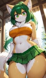 ai ai-created ai_art ai_generated anthro breasts clothing crop_top domestic_cat furry_female looking_at_viewer pixai skirt sollyz solo solo_female solo_focus strapless sundyz tagme