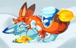 ambiguous_gender ambiguous_penetration anus ass balls bodily_fluids canid canine cum cum_inside cum_on_fur duo ejaculation feral fire fox foxparks foxparks_cryst fur genital_fluids genitals hi_res holding_hips ice male male/ambiguous male_penetrating mammal open_mouth orgasm pal_(species) palworld penetration pocketpair prince-vulpine simple_background snow tail