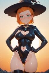1girl ai_generated artist_name ass_visible_through_thighs ben_10 black_choker black_gloves black_headwear black_leotard black_thighhighs blush breasts cameltoe choker cleavage cleavage_cutout closed_mouth clothing_cutout cowboy_shot earrings emphasis_lines female gloves green_eyes groin gwen_tennyson gwen_tennyson_(classic) hair_ornament hairclip hands_on_own_hips hat heart_cutout highleg highleg_leotard jewelry large_breasts latex leotard long_sleeves looking_at_viewer navel navel_cutout orange_hair patreon_username short_hair skindentation solo standing sweat thigh_gap thighhighs thighs witch witch_hat