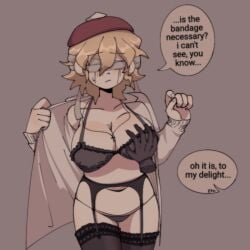 1girls bandage big_breasts blindfolded blonde_hair breast_grab breasts dialogue female genderswap_(mtf) glove heartz4ithaqua identity_v incest ithaqua_(identity_v) lingerie nathaniel_norwell rule_63 speech_bubble text undressing