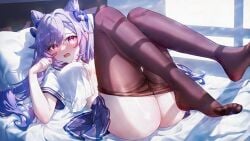 absurd_res ai_generated alternate_costume ass bed bed_sheet black_pantyhose blue_bow blue_sailor_collar blue_skirt blush bow braid breasts breasts_apart brown_pantyhose choker cleavage clothes_pull collared_shirt cone_hair_bun crop_top diamond-shaped_pupils diamond_(shape) double_bun embarrassed feet feet_up female foot_out_of_frame foreshortening full_body furrowed_brow genshin_impact hair_between_eyes hair_bun hair_ears hair_intakes hair_ornament hairbow hand_up head_on_pillow indoors keqing_(genshin_impact) knees_together_feet_apart knees_up large_breasts legs legs_up long_hair looking_at_viewer lying medium_breasts miniskirt ministro no_bra no_panties no_shoes on_back on_bed open_clothes open_mouth open_shirt pantyhose pantyhose_pull partially_unbuttoned pillow pink_eyes pleated_skirt purple_bow purple_choker purple_eyes purple_hair purple_sailor_collar purple_skirt raised_eyebrows sailor_collar school_uniform serafuku shadow shirt short_sleeves sidelocks skirt soles solo sunlight swept_bangs symbol-shaped_pupils thighs toes twintails unbuttoned unbuttoned_shirt very_long_hair wavy_mouth white_shirt window window_shade