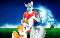 anthro canine chaine_redfield chapiduh duo erection fellatio field hand_on_head kemonowolf kneeling looking_down male mammal nude oral outside paws public sex standing wolf yaoi