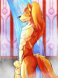 2024 abs animal_genitalia anthro balls bathing biceps black_nose blue_eyes canid canine cel_shading countershading dated fox fur genitals hair hi_res inner_ear_fluff iridescent_eyes jampo looking_at_viewer male male_anthro mammal muscular muscular_male nude_male orange_body orange_ear orange_fur orange_hair pecs raised_arms shaded sheath showering signature smile solo stained_glass stained_glass_window standing steam tail tan_body tan_fur tan_inner_ear_fluff trapezius triceps tuft ventkazemaru water whisker_spots window