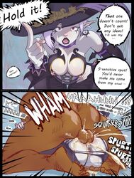 1boy 1girls anus arfoire asera breasts clothing comic cum cum_in_pussy cum_inside dark-skinned_male female femsub instant_loss_2koma male mating_press neptunia_(series) nipples open_mouth penetration penis pussy sex short_hair spread_legs straight text vaginal_penetration