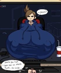 2d black_eyes blue_hoodie breasts brown_hair clothed computer eddsworld eyebrow_piercing fapping female hoodie hyper hyper_breasts jerking_off keyboard livestream male mouse nipple_bulge penis piercing small_penis tamara_(eddsworld) unimpressed varix video_call