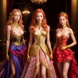 3girls ai_generated bare_shoulders beautiful beautiful_background belly_button breasts breasts_out choker clothed_female_nude_female collarbone crown dancer dancer_outfit dress exposed exposed_breasts fashion fashion_model female female/female female_focus female_only flower_in_hair ginger ginger_female ginger_hair gold_jewelry gold_skirt gown group group_nudity group_picture harem harem_girl harem_outfit heels human human_female in_a_row jewelry jewelry_only light-skinned_female light_skin long_hair long_hair_female long_skirt looking_at_viewer medium_breasts model_pose modeling multiple_females multiple_girls necklace nhumanfuture pink_hair princess realistic realistic_textures red_hair redhead_female rich_girl seductive seductive_blonde seductive_body seductive_female seductive_pose shoulder_to_shoulder side_by_side sisters skirt thin_waist topless topless_female white_body white_harem