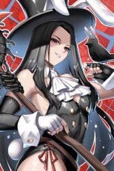 1other ambiguous_gender androgynous animal_ears armpits artist_name ascot asymmetrical_gloves bare_shoulders bird black_gloves black_hair black_leotard black_nails blush burnt_green_tea commentary crow detached_sleeves english_commentary english_text fake_animal_ears from_side gloves goth guilty_gear guilty_gear_strive hat highres holding holding_scythe holding_weapon leotard long_hair looking_at_viewer nail_polish nonbinary playboy_bunny rabbit_ears red_eyes scythe shaded_face smile testament_(guilty_gear) thick_eyelashes top_hat weapon white_ascot white_gloves wrist_cuffs