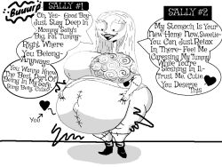 belly_button big_ass big_breasts black_shoes bloated_belly breasts burping comforting edited_official_artwork female gurgling_noise hands_on_belly heart heart-shaped_pupils kneecaps lipstick looking_down_at_belly no_color pattern_clothing ragdoll safe_vore sally_(the_nightmare_before_christmas) same_size_vore self_insert sirscotty972 sketch spaghettiz speech_bubble squishing_belly standing stitches stomach_bulge stomach_noises striped_socks thick_thighs vore vore_belly white_background
