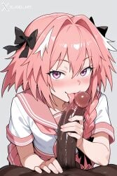 1boy 1femboy ai_generated astolfo_(fate) blowjob blush bows dark-skinned_male dark_skin fate_(series) femboy flustered gay holding_penis interracial licking licking_penis looking_at_viewer male penis pink_hair pov school_uniform smiling xland