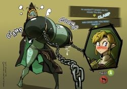 1boy 1girls angry big_breasts blush blush breast_expansion breast_lift breasts_bigger_than_head breasts_bigger_than_torso dialogue expansion female functionally_nude gameplay_mechanics grabbing_breasts huge_breasts hylian leaking_milk lifting_breasts link loincloth male midna midna_(true_form) multicolored_skin nipple_clamps orange_hair red_eyes squeezing_breast standing sweat tail-blazer the_legend_of_zelda the_legend_of_zelda:_twilight_princess top_heavy twili twili_midna
