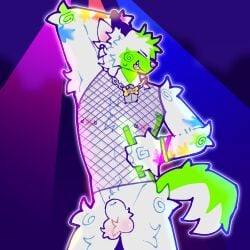 anthro canid canine canis clothed clothing dancing domestic_dog ear_piercing fishnet_clothing fishnet_topwear glowstick hi_res male male/male mammal neon neon_lights neonravedog nipple_piercing nipples orix_(artist) pantsless piercing rave solo tongue tongue_piercing topwear white_body