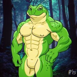 anthro anthro_male completely_naked_male completely_nude_male fabfelipe featureless_crotch frog furry green_body green_eyes male_only muscular_male naked naked_male nipples no_genitals no_penis non_mammal_nipples nude nude_male null pinup sexy