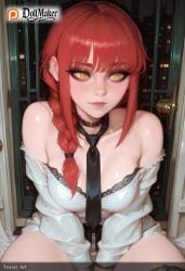 ai_generated bangs bare_shoulders bra braid breasts dollmaker dollmaker_(artist) earrings female hair_over_shoulder jewelry long_hair looking_at_viewer medium_breasts necktie off_shoulder patreon_logo red_hair single_braid sitting solo tagme underwear watermark yellow_eyes