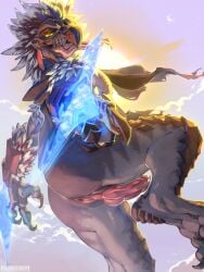 action_pose alien ambiguous_fluids animal_genitalia anthro anus beak bodily_fluids bottomless claws cloaca cloacal_anus cloacal_penis cloak clothed clothing dripping energy_sword erection feathers fingers genital_fluids genital_slit genitals grungecandy halo_(series) kig-yar light male melee_weapon microsoft nor_zauth outside penis pose precum scalie science_fiction sky skyscape slit_penis solo sunlight sword t'vaoan tailless teeth toe_claws tongue tongue_out vertical_cloaca weapon xbox_game_studios