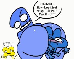 1girls 2025 2boys 2boys1girl animated anthro anthro_on_anthro ass battle_for_bfdi battle_for_dream_island bfb bfdi big_ass big_butt blue_body blush blushing_male dialogue dialogue_bubble duo duo_focus english english_dialogue english_text facesitting female four_(bfb) jacknjellify male male/female mr_otter_breath object_show object_show_community object_shows one_(bfdi) osc smothering smothering_ass speech_bubble stuck stuck_in_ass tagme tease teasing teasing_with_butt text text_bubble the_power_of_two tpot trapped trapped_in_butt x_(bfb) x_finds_out_his_value xfohv yellow_body