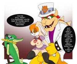 1girls 2boys ambyva arm_grab big_ass big_breasts big_butt big_penis bowser breasts bunny_ear bunny_ears bunny_girl bunny_tail clothed_sex clothes_lift clothing clothing_aside clothing_pull collar crossover crying cucking dialogue dilf female grabbing groom interspecies male mario_(series) milf netorare nipples penis pussy sex small_penis sonic_(series) stomach_bulge super_mario_bros. tummy_bulge vanilla_the_rabbit vector_the_crocodile vector_the_crocodilevaginal_penetration wedding wedding_suit
