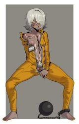 absurdres ball_and_chain_restraint barefoot blush body_writing breasts commentary cuffs dark-skinned_female dark_skin ebonyxh english_commentary english_text eyes_visible_through_hair eylin_eyla_(ebonyxh) female female_pubic_hair freckles full_body grey_background hair_over_one_eye highres id_card long_sleeves messy_hair nipples open_mouth original pointy_breasts prison_clothes pubic_hair ringed_eyes safety_pin scar scar_on_neck shackles short_hair simple_background small_breasts steaming_body sweat tally track_suit uncensored very_sweaty white_background white_hair white_pubic_hair yellow_eyes yellow_nails yellow_track_suit
