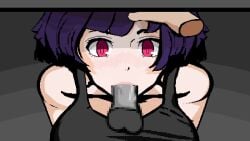 1boy 1girls adorable_face akemi animated black_tank_top black_tanktop echoes_of_the_town female indie_game male pixel_art pixelated pixels purple_hair red_eyes short_hair tank_top tanktop testicles town video