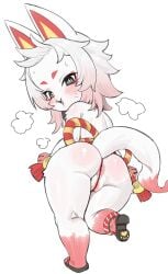 anthro anus ass biped black_eyes bodily_fluids clothed clothing domestic_cat felid feline felis female fur genitals hair hi_res jingzhou14848 looking_back mammal multicolored_body multicolored_fur multicolored_tail pussy rear_view red_body red_fur red_tail simple_background skimpy solo sweat tail vulva white_body white_fur white_tail