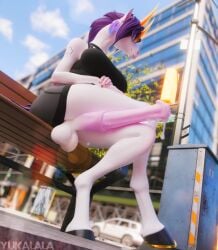 2025 3d_(artwork) absurd_res animal_genitalia animal_penis anthro balls bench big_penis bodily_fluids bottomwear breasts city clothed clothing cum cum_string digital_media_(artwork) equid equine equine_genitalia equine_penis erection femtoampere_(character) full-length_portrait genital_fluids genitals gynomorph hair hi_res hooves horn horse intersex mammal mythological_creature mythological_equine mythology on_bench penis pink_body portrait public public_erection public_exposure purple_hair shorts sitting sitting_on_bench solo unicorn yukalala